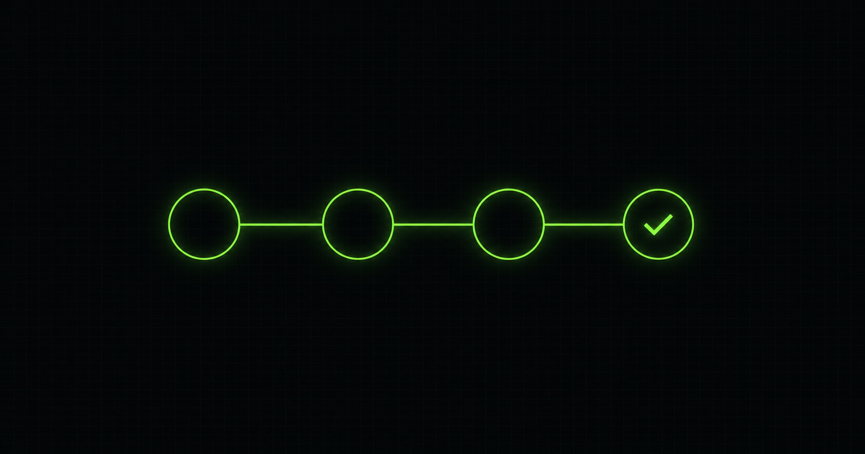 Four connected nodes in a row ending in a checkmark, representing stages of a production process