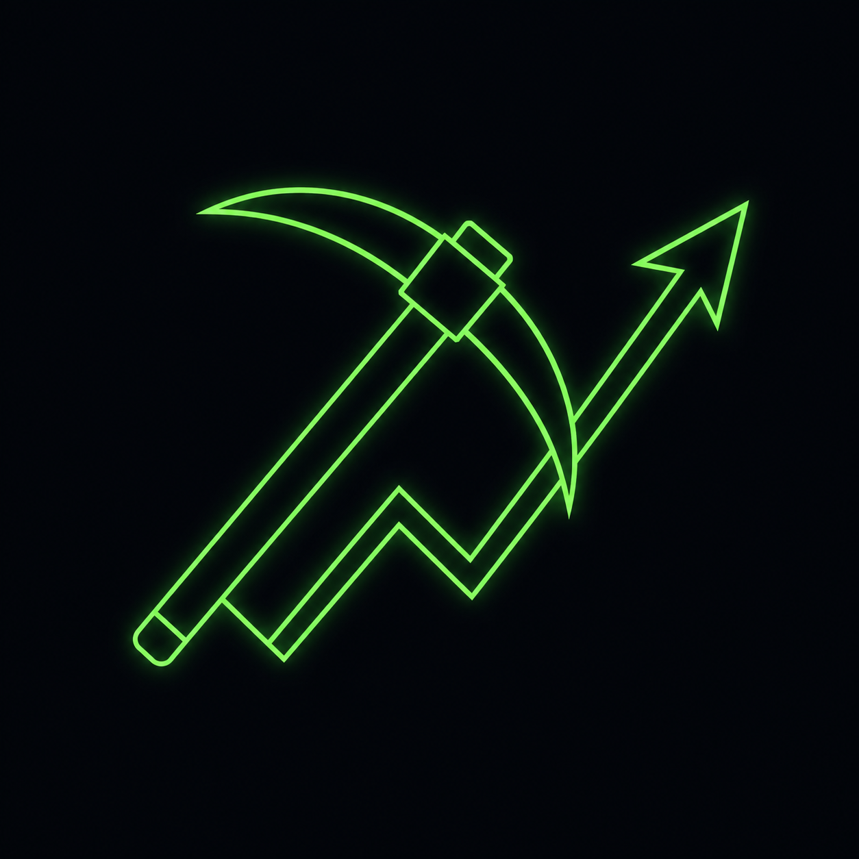 An abstract pickaxe shape crossed with an upward-trending arrow, minimalist vector illustration