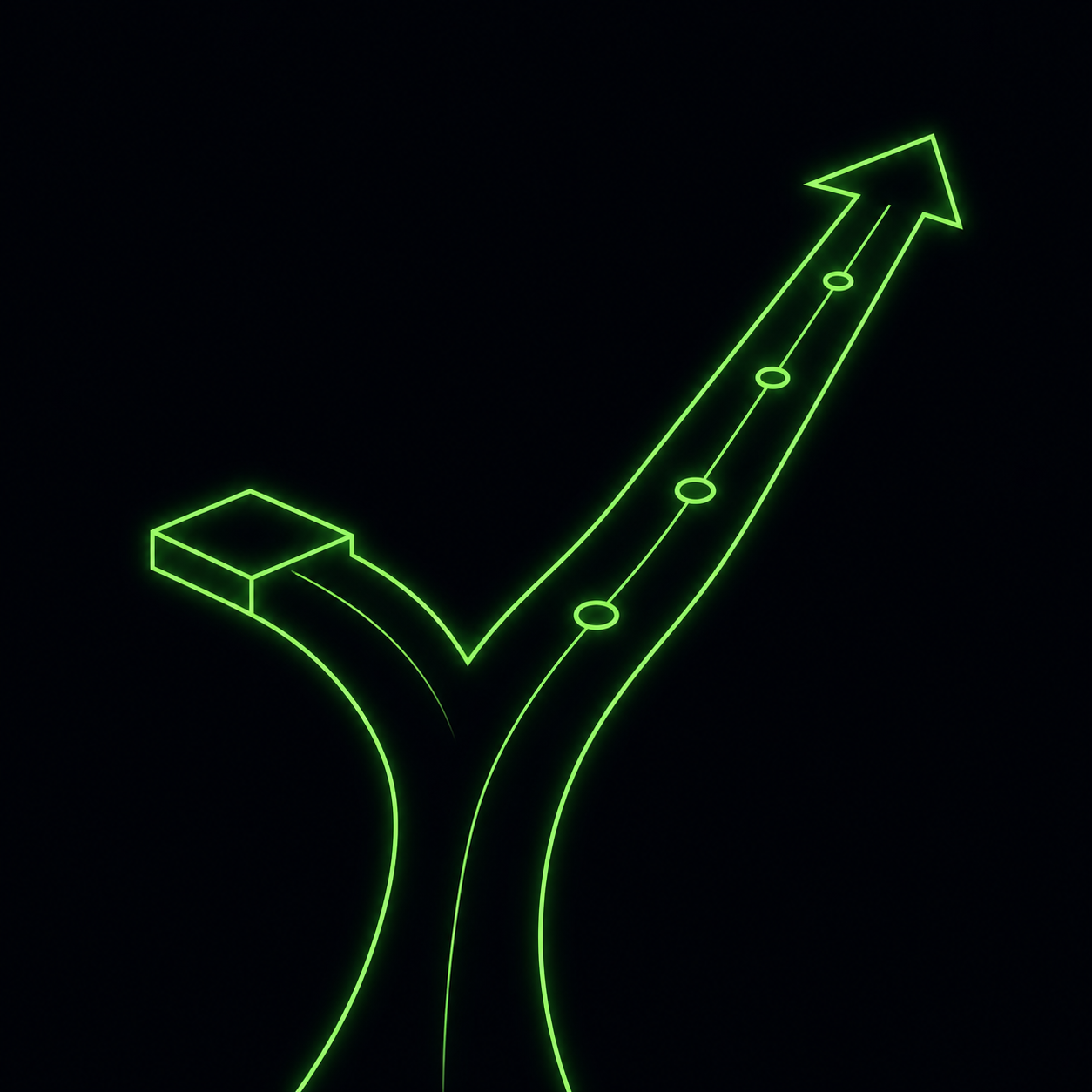 A forked path shape, one short branch ending abruptly and one longer branch continuing upward with small checkpoint marks along it
