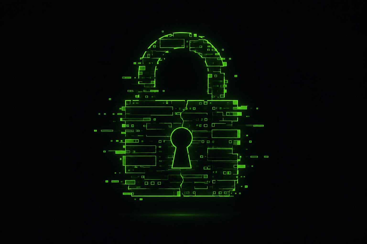 Abstract illustration of a padlock built from fragmented code blocks on a dark background with neon green accents