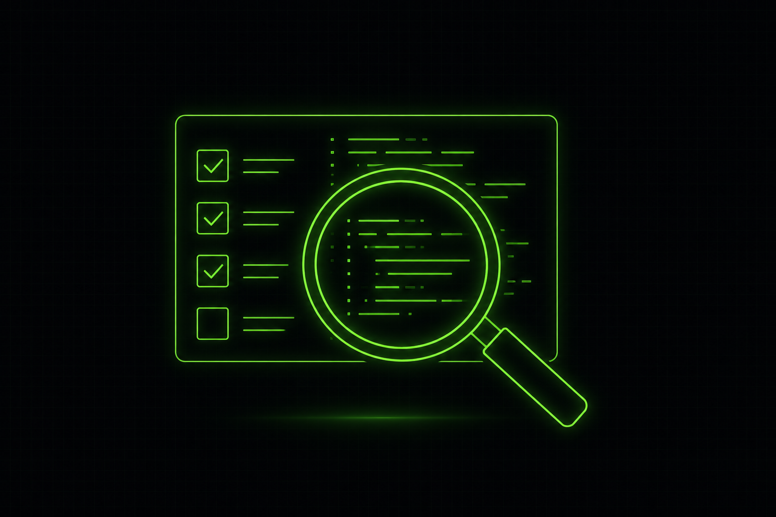 Minimalist illustration of a checklist and magnifying glass over abstract code, dark background with neon green accents