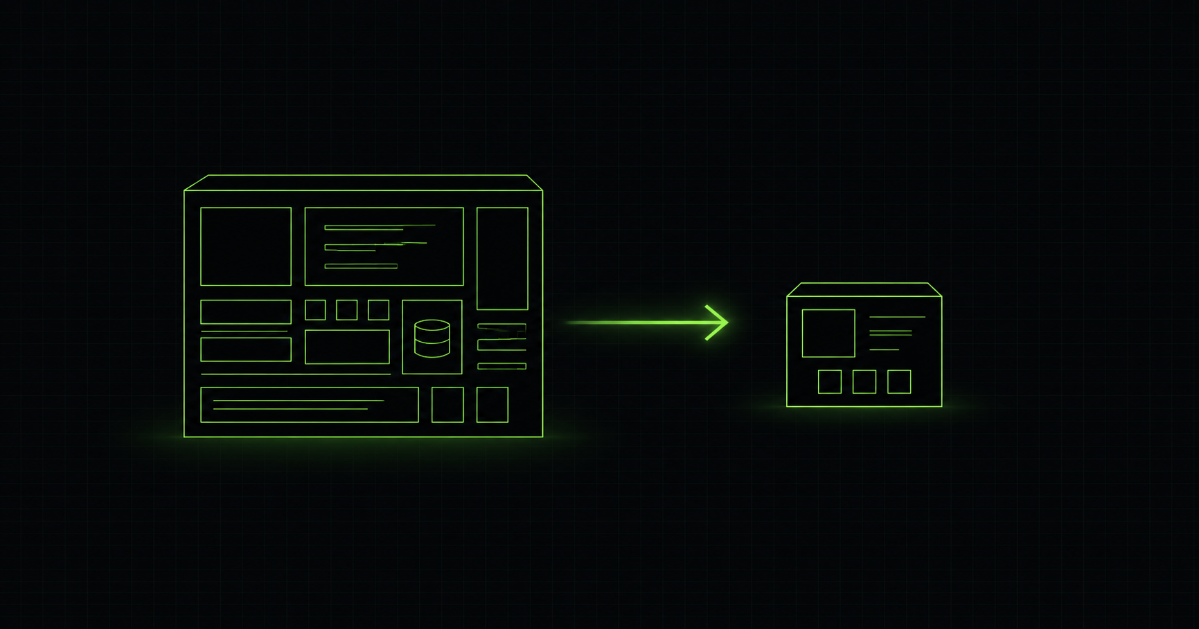 A large block transitioning into a much smaller block, representing a large system replaced by a smaller, faster-built one